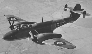 The Gloster Meteor with turboprop engines. Note the added stabilizers on the tail, and the feathered number 2 engine. (Author unknown)
